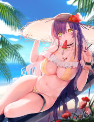 Rule 34 | 1girl, beach, bikini, blush, braid, breasts, character request, choker, cleavage, cloud, copyright request, day, flower, food, frills, hair flower, hair ornament, hat, highres, ice cream, jewelry, large breasts, leaf, long hair, looking at viewer, mouth hold, nail polish, navel, necklace, obiwan, palm leaf, purple hair, side braid, signature, sky, solo, sun hat, swimsuit, thigh strap, yellow bikini, yellow eyes