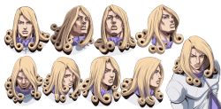 Rule 34 | 1boy, absurdres, araki hirohiko (style), blonde hair, closed mouth, curly hair, expressions, funny valentine, grandguerrilla, highres, jacket, jojo no kimyou na bouken, long hair, looking at viewer, multiple views, official style, parted lips, portrait, profile, simple background, steel ball run, white background, white jacket