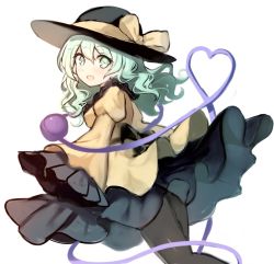 Rule 34 | 1girl, black hat, black pantyhose, black skirt, blush, bow, breasts, commentary request, feet out of frame, frilled shirt collar, frilled sleeves, frills, fuepo, green eyes, green hair, hair between eyes, hat, hat bow, heart, heart of string, highres, juliet sleeves, komeiji koishi, long hair, long sleeves, looking at viewer, medium breasts, open mouth, pantyhose, puffy sleeves, shirt, simple background, skirt, solo, third eye, touhou, white background, wide sleeves, yellow bow, yellow shirt