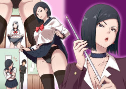 Rule 34 | 1boy, 1girl, ^^^, black choker, black hair, black panties, black sailor collar, black skirt, black thighhighs, blush, bow, bowtie, breasts, brown jacket, brown thighhighs, choker, cleavage, closed mouth, clothes lift, covering breasts, covering privates, earrings, embarrassed, faceless, faceless male, flashing, frown, full-length mirror, glaring, highleg, highleg panties, holding, holding stick, jacket, jewelry, lace, lace panties, lifted by self, looking at viewer, medium hair, miniskirt, mirror, mole, mole on thigh, open mouth, original, panties, parted lips, pleated skirt, red bow, red bowtie, sailor collar, sanagi torajirou, school uniform, serafuku, skirt, skirt lift, smile, smug, solo focus, stick, textless version, thighhighs, underwear