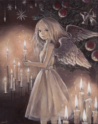 Rule 34 | 1girl, acrylic paint (medium), candle, christmas, dress, holding, long hair, looking at viewer, nose, original, painting (medium), red eyes, signature, smile, solo, toyoda izumi, traditional media, white dress, white wings, wings