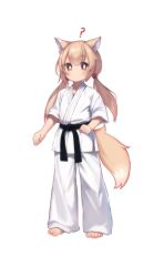 Rule 34 | 1girl, ?, animal ears, barefoot, belt, black belt, bright pupils, brown eyes, brown hair, chinese commentary, closed mouth, commentary request, dot mouth, dougi, fox ears, fox girl, fox tail, full body, highres, kuma-bound, long hair, low twintails, martial arts belt, original, pants, simple background, solo, standing, tail, toes, twintails, white background, white pants, white pupils