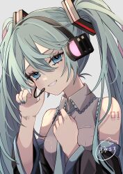 Rule 34 | 1girl, :d, bare shoulders, black sleeves, blue eyes, blue hair, blue nails, blue necktie, collared shirt, detached sleeves, frilled shirt, frills, grey background, grey shirt, grin, hair between eyes, hair ornament, hand on headwear, hatsune miku, head tilt, headset, highres, holding necktie, long hair, long sleeves, looking at viewer, microphone, naguno-0713, nail polish, necktie, number tattoo, open mouth, shirt, sidelocks, simple background, sleeveless, sleeveless shirt, smile, solo, tattoo, teeth, twintails, upper body, very long hair, vocaloid, watermark