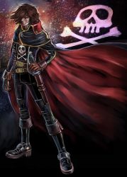 Rule 34 | 1970s (style), 1980s (style), 1boy, belt, boots, brown hair, cape, gloves, harlock, harlock saga, highres, male focus, multiple belts, oldschool, pirate, retro artstyle, scar, science fiction, skull and crossbones, solo, space, space pirate, star (sky), uchuu kaizoku captain harlock, uniform, weapon, yusao
