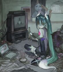 Rule 34 | 1girl, arm support, bags under eyes, bare shoulders, black skirt, black thighhighs, blue hair, bottle, bowl, calendar (object), cellphone, closed mouth, computer, creatures (company), detached sleeves, dvd player, flip phone, frown, full body, game freak, gen 4 pokemon, ghost miku (project voltage), glitch, gradient hair, green hair, grey shirt, hair between eyes, hatsune miku, holding, holding phone, indoors, laptop, long hair, looking at viewer, looking back, messy room, mismagius, multicolored hair, muted color, nintendo, ofuda, on floor, pale skin, phone, pokemon, pokemon (creature), poster (object), project voltage, shirt, sitting, skirt, sleeves past fingers, sleeves past wrists, solo, television, the ring, thighhighs, twintails, very long hair, vocaloid, will-o&#039;-the-wisp (mythology), wuwuren, yamamura sadako, yellow eyes