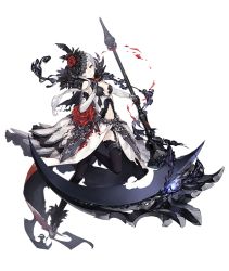 Rule 34 | 1girl, asymmetrical hair, blood, blood on clothes, blue eyes, breasts, clothing cutout, elbow gloves, feather trim, flower, full body, garter straps, gloves, holding, holding weapon, huge weapon, ji no, looking at viewer, medium breasts, navel cutout, official art, rose, scythe, sinoalice, snow white (sinoalice), solo, thighhighs, transparent background, weapon, white hair