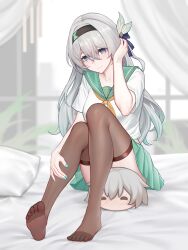 1girl absurdres alternate_costume artist_name bed bed_sheet black_hairband black_thighhighs caelus_(honkai:_star_rail) character_pillow closed_mouth commentary_request firefly_(honkai:_star_rail) green_skirt grey_hair hair_between_eyes hairband highres honkai:_star_rail honkai_(series) indoors knees_up looking_at_viewer neckerchief on_bed paid_reward_available panties purple_eyes shirt short_sleeves sitting skirt smile soles solo thighhighs thighs trailblazer_(honkai:_star_rail) underwear white_panties white_shirt yellow_neckerchief yunkaiming