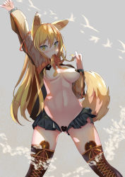 Rule 34 | 1girl, absurdres, animal ears, arknights, arm up, auguste, black skirt, blonde hair, blush, boots, breasts, brown footwear, brown jacket, brown thighhighs, ceobe (arknights), chinese commentary, cowboy shot, cross-laced footwear, dog ears, dog tail, grey background, hair between eyes, heart pasties, highres, jacket, long hair, looking at viewer, maebari, medium breasts, meme attire, midriff, miniskirt, mouth hold, navel, open clothes, open jacket, pasties, pleated skirt, reverse bunnysuit, reverse outfit, simple background, skirt, smile, solo, tail, thigh boots, thighhighs, thighs, yellow eyes