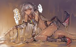 Rule 34 | 1girl, altera (fate), bandeau, breasts, dark-skinned female, dark skin, detached sleeves, fate/grand order, fate (series), glue, melon22, midriff, nail polish, open mouth, red eyes, revealing clothes, showgirl skirt, skirt, slime (substance), small breasts, solo, strapless, translated, tube top, veil, white hair, white skirt
