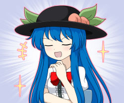 Rule 34 | 1girl, black headwear, blouse, blue hair, bow, closed eyes, food, fruit, hand on own chin, hat, hinanawi tenshi, long hair, okamochi (pi-chiki), open mouth, peach, red bow, shirt, simple background, smile, sparkle, touhou, white background