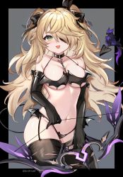 Rule 34 | 1girl, :d, absurdres, arm belt, between breasts, bird, black border, black bra, black gloves, black panties, black ribbon, black thighhighs, black wings, blonde hair, blush, border, bow (weapon), bra, breasts, chain, collar, commentary, cowboy shot, demon girl, demon tail, demon wings, drawing bow, elbow gloves, english commentary, eyepatch, fangs, fischl (genshin impact), fishnet thighhighs, fishnets, garter straps, gem, genshin impact, gloves, green eyes, grey background, groin, hair over one eye, hair ribbon, highres, holding, holding bow (weapon), holding weapon, long hair, looking at viewer, low wings, mandy (moniponichan), mini wings, mixed-language commentary, navel, open mouth, outside border, panties, revealing clothes, ribbon, simple background, skin fangs, smile, solo, tail, thighhighs, torn clothes, torn thighhighs, two side up, underboob, underwear, underwear only, weapon, wings