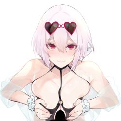 Rule 34 | 1girl, azur lane, bare shoulders, bikini, black bikini, blush, breasts, breasts squeezed together, censored, choker, cleavage, closed mouth, collarbone, eyewear on head, hair between eyes, heart, heart-shaped eyewear, hetero, highres, kiyu rei, large breasts, looking at viewer, low twintails, o-ring, o-ring top, paizuri, paizuri under clothes, penis, red eyes, short hair, short twintails, simple background, sirius (azur lane), sirius (scorching-hot seirios) (azur lane), solo, solo focus, sunglasses, swimsuit, twintails, white background, white hair