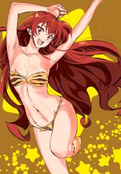 Rule 34 | 1girl, absurdres, animal print, armpits, arms up, bikini, breasts, cleavage, collarbone, eris greyrat, highres, kou (spad7u59), long hair, medium breasts, mushoku tensei, navel, oni, open mouth, red eyes, red hair, smile, solo, standing, standing on one leg, strapless, strapless bikini, swimsuit, teeth, thighs, tiger print, upper teeth only