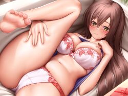 Rule 34 | 1girl, ass, bare legs, barefoot, belly, blue shirt, bra, breasts, brown eyes, brown hair, cleavage, closed mouth, clothes lift, commentary request, couch, curvy, etsunami kumita, feet, gift, grabbing own thigh, hair between eyes, highres, indoors, large breasts, long hair, looking at viewer, lying, navel, on back, original, panties, pink bra, pink panties, plump, shirt, shirt lift, smile, soles, solo, thighs, toes, underwear