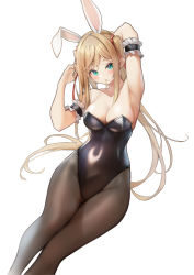 Rule 34 | 1girl, absurdres, animal ears, arm behind head, armpits, arms up, bare shoulders, blonde hair, blush, breasts, cleavage, collarbone, commentary, elf, fake animal ears, green eyes, grey pantyhose, hair in own mouth, hair ornament, hair ribbon, highres, leotard, long hair, looking at viewer, medium breasts, original, pantyhose, playboy bunny, pointy ears, ribbon, sidelocks, simple background, solo, twintails, white background, zhenli-mari