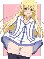 Rule 34 | 1girl, absurdres, black pantyhose, blonde hair, blue eyes, blush, border, cleft of venus, clothes lift, clothes pull, colette brunel, dress, dress lift, embarrassed, female focus, gem, gluteal fold, hair between eyes, highres, lifted by self, long hair, long sleeves, panties, panty pull, pantyhose, pantyhose pull, pussy, red gemstone, solo, sweat, tales of (series), tales of symphonia, tankuro uri, underwear, white panties
