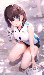 Rule 34 | 3girls, absurdres, black shorts, blue eyes, blush, bob cut, breasts, brown hair, cherry blossoms, commentary request, dappled sunlight, gym shorts, highres, holding, holding paper, looking at viewer, medium breasts, multiple girls, open mouth, original, out of frame, paper, picking up, shadow, shirt, shoes, short hair, short socks, shorts, sneakers, sportswear, squatting, sunlight, thighs, vegetablenabe, volleyball uniform, white footwear, white legwear, white shirt