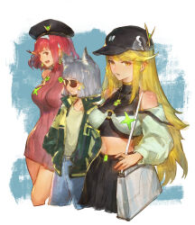 Rule 34 | 3girls, adapted costume, animal ears, bag, blonde hair, candy, casual, cat ears, crop top, cropped legs, daible, denim, dress, earrings, facial mark, food, grey hair, handbag, hands in pockets, hat, highres, jacket, jeans, jewelry, lollipop, long hair, looking at viewer, multiple girls, mythra (xenoblade), nia (xenoblade), pants, pyra (xenoblade), red hair, short hair, skirt, sleeveless, sleeveless turtleneck, smile, sunglasses, turtleneck, turtleneck dress, very long hair, whisker markings, xenoblade chronicles (series), xenoblade chronicles 2