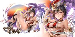 1girl animal_ears bikini book breasts character_name erune female_focus granblue_fantasy hammock hat himuro_shunsuke holding holding_removed_eyewear ilsa34660285 large_breasts red_bikini red_eyes sandals solo sunglasses sunset swimsuit unworn_eyewear