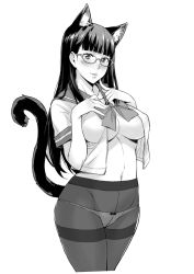 Rule 34 | 1girl, animal ears, blouse, blush, breasts, cat ears, cat tail, cowboy shot, crotch seam, glasses, greyscale, large breasts, long hair, looking at viewer, monochrome, navel, open clothes, open shirt, original, panties, panties under pantyhose, pantyhose, school uniform, shirt, simple background, solo, tail, takurou, thighband pantyhose, underboob, underwear, white background