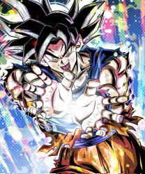 Rule 34 | 1boy, angry, biceps, black hair, blue sash, blue shirt, blue wristband, collarbone, commentary request, dougi, dragon ball, dragonball z, energy, fighting stance, grey eyes, halftone, hands up, highres, looking at viewer, male focus, multicolored background, muscular, muscular male, open mouth, outstretched arms, pectorals, sash, shirt, solo, son goku, spiked hair, standing, teeth, tongue, torn clothes, ushi (akabec0), v-shaped eyebrows, wristband