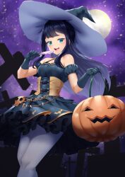 Rule 34 | 1girl, absurdres, alternate costume, andvari (last origin), black dress, black gloves, blue eyes, breasts, candy, collarbone, corset, curecycadura, dress, food, full moon, gloves, grey pantyhose, halloween, halloween bucket, halloween costume, happy halloween, hat, highres, jack-o&#039;-lantern, last origin, lollipop, long hair, looking at viewer, moon, night, open mouth, pantyhose, pumpkin, sky, small breasts, smile, solo, star (sky), starry sky, swirl lollipop, trick or treat, witch, witch hat