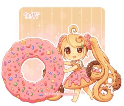 Rule 34 | 1girl, :d, absurdly long hair, ahoge, artist name, barefoot, blush, brown eyes, chibi, dav-19, doughnut, dress, food, food-themed clothes, full body, hair ornament, hairclip, lace background, light brown hair, long hair, looking at viewer, looking to the side, open mouth, original, personification, puffy short sleeves, puffy sleeves, short sleeves, smile, solo, standing, striped, transparent background, twintails, vertical stripes, very long hair, watermark, web address