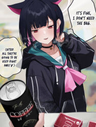 Rule 34 | 1girl, alternate language, animal ears, black choker, black hair, black jacket, blue archive, blush, can, choker, coffee, colored inner hair, commentary request, dio nand, english text, extra ears, green sailor collar, jacket, kazusa (blue archive), long sleeves, multicolored hair, neckerchief, pink hair, pink neckerchief, red eyes, sailor collar, school uniform, smile, solo focus, speech bubble, two-tone hair