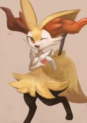 Rule 34 | 1girl, :3, animal ear fluff, animal ears, animal hands, animal nose, artist name, black fur, blush, body fur, braixen, brown background, creatures (company), fang, female focus, flat chest, fox ears, fox girl, fox tail, furry, furry female, game freak, gen 6 pokemon, hands up, happy, heart, heart hands, highres, ikei, jpeg artifacts, leg up, looking at viewer, nintendo, one eye closed, open mouth, pokemon, pokemon (creature), red eyes, signature, simple background, skin fang, smile, snout, solo, standing, standing on one leg, stick, tail, white fur, wink, yellow fur