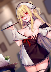 Rule 34 | bare shoulders, black thighhighs, blonde hair, blush, breasts, cleavage, clothes pull, commentary request, cup, detached sleeves, dress pull, earrings, fang, garter straps, hair between eyes, holding, holding tray, jewelry, large breasts, long hair, obiwan, open mouth, original, pointy ears, pulling own clothes, red eyes, sidelocks, solo, teacup, thighhighs, thighs, tray, very long hair, wrist cuffs