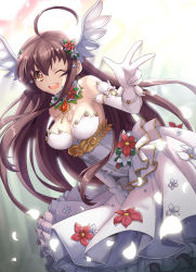 Rule 34 | 1girl, ;d, bare shoulders, breasts, brown eyes, brown hair, cleavage, covering privates, covering crotch, detached collar, detached sleeves, dress, flower, gem, gloves, glowing, hair between eyes, hair flower, hair ornament, head wings, highres, leaning forward, long hair, long sleeves, medium breasts, one eye closed, open mouth, original, petals, smile, solo, sora (dkssud6580), very long hair, w, white dress, white gloves, wings