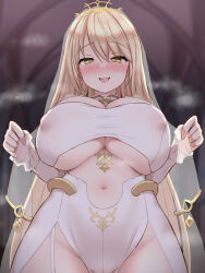 Rule 34 | 1girl, blonde hair, blush, breast curtains, breasts, clothing cutout, covered erect nipples, from below, holding, large breasts, long hair, long sleeves, looking at viewer, navel, navel cutout, nijisanji, nisshisshi, no panties, nui sociere, nui sociere (6th costume), open mouth, solo, underboob, very long hair, virtual youtuber, yellow eyes