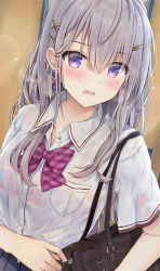 Rule 34 | 1girl, bag, black skirt, blush, bra, bra visible through clothes, breasts, collared shirt, commentary request, fang, grey hair, hair between eyes, hair ornament, hairclip, highres, long hair, looking at viewer, maruma (maruma gic), original, parted lips, pleated skirt, purple eyes, red bra, school bag, school uniform, see-through, shirt, short sleeves, skirt, small breasts, solo, underwear, wavy mouth, wet, wet clothes, wet shirt, white shirt, x hair ornament