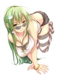 Rule 34 | 1girl, all fours, alternate costume, ass, back, bare arms, bracelet, breasts, butt crack, cleavage, cyoppu, dress, frog hair ornament, glasses, green eyes, green hair, hair ornament, highres, jewelry, kochiya sanae, large breasts, long hair, looking at viewer, lots of jewelry, matching hair/eyes, miniskirt, necklace, no shoes, pendant, shirt, simple background, skirt, sleeveless, sleeveless dress, solo, striped clothes, striped thighhighs, sunglasses, thighhighs, touhou, very long hair, white background, zettai ryouiki