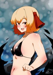 Rule 34 | 1girl, absurdres, alternate costume, bikini, black bikini, blonde hair, blush, breasts, commentary request, darkness, grey background, hair ribbon, highres, kurodani yamame, looking at viewer, navel, open mouth, red eyes, red ribbon, ribbon, rinyamame, rumia, short hair, small breasts, smile, solo, swimsuit, touhou, upper body
