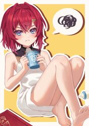 Rule 34 | 1girl, ange katrina, ange katrina (1st costume), annoyed, baby bottle, blue eyes, blush, book, bottle, cup, dress, hair between eyes, hair intakes, hair ornament, highres, holding, holding cup, knees together feet apart, looking at viewer, messy hair, nijisanji, off shoulder, red hair, scribble, shirokane212, short hair, solo, speech bubble, thighs, virtual youtuber