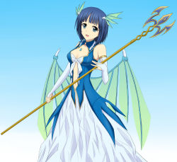 Rule 34 | 1girl, :d, blue background, blue eyes, blue hair, bodice, breasts, bridal gauntlets, cosplay, dragon wings, dress, hair ornament, hayami saori, head wings, highres, kachimira, leviathan (zettai bouei leviathan), leviathan (zettai bouei leviathan) (cosplay), long dress, looking at viewer, matching hair/eyes, navel, open mouth, polearm, sachi (sao), voice actor connection, short hair, smile, solo, sword art online, trident, weapon, wings, zettai bouei leviathan