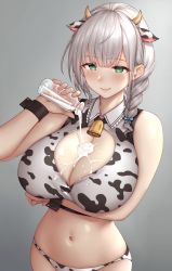Rule 34 | 1girl, animal ears, animal print, arm under breasts, bare shoulders, bell, bottle, breast hold, breasts, cleavage, closed mouth, cow ears, cow horns, cow print, cowboy shot, green eyes, grey background, highres, holding, holding bottle, hololive, horns, huge breasts, light smile, long hair, milk, milk bottle, navel, neck bell, pouring, pouring onto self, shirogane noel, shirogane noel (casual), silver hair, simple background, solo, virtual youtuber, wrist cuffs, yakimi 27