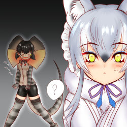 Rule 34 | 2girls, :d, ?, animal ear fluff, animal ears, black hair, commentary request, drawstring, elbow gloves, eyelashes, frilled lizard (kemono friends), frills, fur collar, gloves, green eyes, grey hair, hair between eyes, hair intakes, hakumaiya, highres, kemono friends, legs apart, lizard tail, looking at another, looking at viewer, makami (kemono friends), medium hair, multicolored hair, multiple girls, o o, open mouth, shirt, short twintails, shorts, sleeveless, sleeveless shirt, smile, spoken question mark, standing, tail, thighhighs, twintails, wolf ears