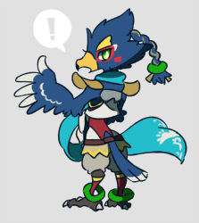 Rule 34 | !, 1boy, animal feet, anklet, beak, bird boy, bird tail, blue fur, blue hair, blue scarf, blush stickers, body fur, braid, braided ponytail, chibi, claws, from behind, full body, furry, furry male, green eyes, grey background, grey fur, hand up, jewelry, leg warmers, looking at viewer, looking back, male focus, medium hair, multicolored fur, open mouth, revali, rito, scarf, shoulder pads, simple background, sketch, solo, speech bubble, spoken exclamation mark, standing, tail, the legend of zelda, the legend of zelda: breath of the wild, ukata, white fur, winged arms, wings