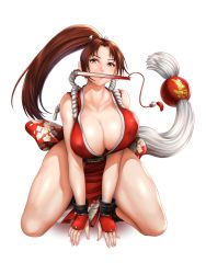 Rule 34 | 1girl, breasts, brown eyes, brown hair, cleavage, collarbone, covered erect nipples, dress, fatal fury, fingerless gloves, floral print, folded fan, folding fan, full body, gloves, hair tie, hand fan, high ponytail, highres, huge breasts, japanese clothes, kurone rinka, large breasts, long hair, looking at viewer, mouth hold, ninja, no bra, obi, parted bangs, pelvic curtain, ponytail, red dress, revealing clothes, rope, sash, shiranui mai, sleeveless, solo, squatting, the king of fighters, thighs, white background
