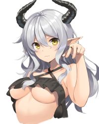 Rule 34 | 1girl, bare shoulders, blush, breasts, cleavage, closed mouth, collarbone, commentary request, eyes visible through hair, hair between eyes, highres, horns, jewelry, long hair, looking at viewer, medium breasts, original, pointy ears, ring, silver hair, simple background, solo, suiroh (shideoukami), swimsuit, underboob, upper body, white background, yellow eyes