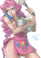 Rule 34 | 1girl, 2015, apron, commentary request, cowboy shot, dated, hertro, mixing bowl, my little pony, my little pony: friendship is magic, naked apron, personification, phone, pink apron, pink hair, pinkie pie, simple background, solo, talking on phone, whisk, white background