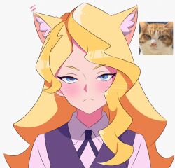 1girl animal animal_ear_fluff animal_ears blizzard_(b1iz4rd) blonde_hair blue_eyes cat cat_ears cat_girl closed_mouth collared_shirt diana_cavendish fang frown highres little_witch_academia looking_at_viewer luna_nova_school_uniform photo_inset portrait school_uniform shirt simple_background solo twitching unamused upper_body whiskers white_background