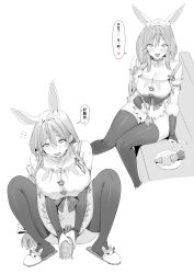 Rule 34 | 1girl, absurdres, adapted costume, animal ear fluff, animal ears, blush, braid, breasts, carrot, chen yang yang, covered erect nipples, greyscale, highres, hololive, large breasts, long hair, mature female, monochrome, open mouth, pekomama, rabbit ears, rabbit girl, sexually suggestive, short eyebrows, smile, thick eyebrows, virtual youtuber, white hair