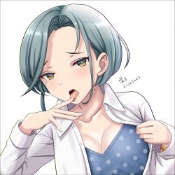 Rule 34 | 1girl, artist name, blush, breasts, cleavage, collarbone, dated, grey hair, kantai collection, long sleeves, medium breasts, mole, mole on neck, open mouth, short hair, signature, simple background, solo, tamanami (kancolle), tk8d32, tongue, tongue out, upper body, white background, yellow eyes