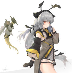 Rule 34 | 1girl, arknights, arm support, black gloves, black sleeves, commentary request, cup, detached sleeves, drinking, gloves, grey hair, grey jacket, hair between eyes, highres, holding, holding cup, io (io oekaki), jacket, long hair, long sleeves, looking at viewer, mug, puffy long sleeves, puffy sleeves, red eyes, single detached sleeve, single glove, single sleeve, solo, sweat, very long hair, weedy (arknights), white background, wide sleeves