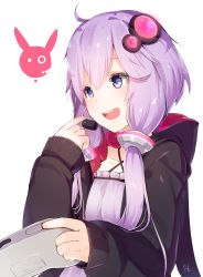 Rule 34 | 1girl, :d, blue eyes, commentary request, controller, game controller, glowing, hair ornament, halterneck, headset, highres, hood, hood down, hoodie, meth (emethmeth), open mouth, purple hair, rabbit, short hair with long locks, sidelocks, simple background, smile, solo, vocaloid, voiceroid, white background, yuzuki yukari