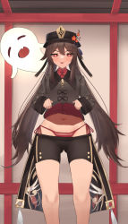 Rule 34 | 1girl, :p, black shorts, blush, brown hair, chinese clothes, clothes lift, clothes pull, closed eyes, genshin impact, ghost, gluteal fold, half-closed eyes, hat, highres, hu tao (genshin impact), itapi, lifted by self, long hair, long sleeves, looking at viewer, navel, open mouth, panties, red eyes, red panties, shirt lift, short shorts, shorts, shorts pull, side-tie panties, solo, standing, tongue, tongue out, top hat, twintails, underwear