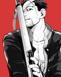 Rule 34 | 1boy, arisaka, bandaged head, bandages, black eyes, black hair, black jacket, bolt action, buttons, collar, collarbone, collared jacket, commentary request, eyepatch, facial hair, facial scar, goatee, golden kamuy, greyscale, greyscale with colored background, gun, hair slicked back, hair strand, highres, holding, holding gun, holding weapon, imperial japanese army, jacket, long sleeves, looking at viewer, male focus, military, military uniform, monochrome, o tese, ogata hyakunosuke, one eye covered, open clothes, red background, rifle, scar, scar on cheek, scar on face, shirt, short hair, simple background, solo, spot color, stubble, toned, toned male, undercut, uniform, upper body, weapon, white shirt